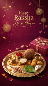Festive raksha bandhan celebration greeting card featuring traditional gold platter with sweets coconut with decorative bracelet against dark maroon background