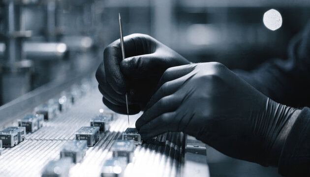 Close up gloved hand factory worker electronic component assembly line precision manufacturing technology industry quality control focus detail blue workplace technician engineering production