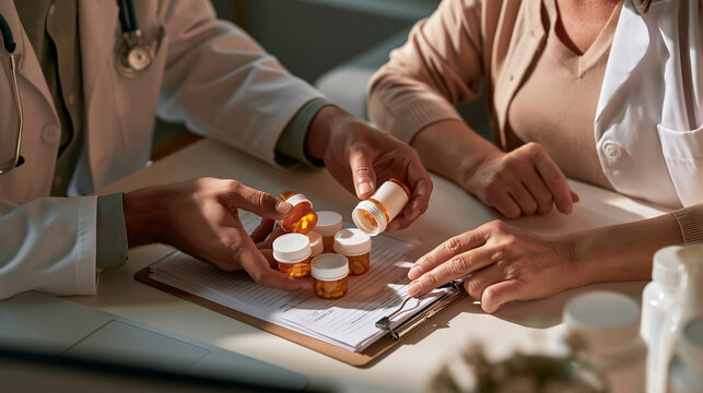 Pharmacist comparing containers with a verified medication list