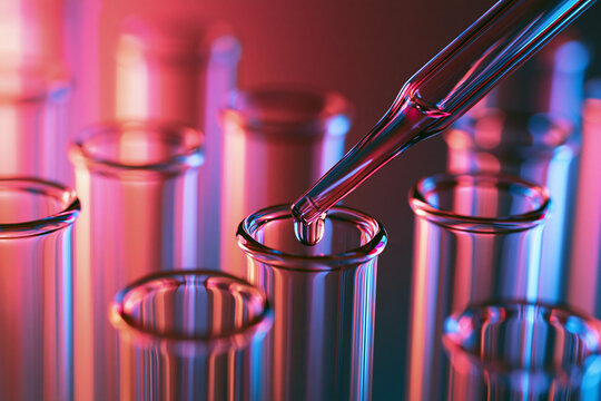 Close Up of Pipette Dispensing Liquid into Laboratory Test Tube with Neon Lighting