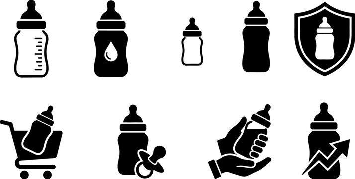 A collection of black baby bottle icons representing feeding care shopping protection and growth isolated on a clean white background for design