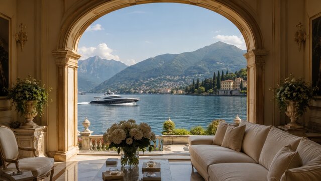 Luxury Lake Villa Interior Overlooking Mountains And Elegant Yacht Scenic Landscape View
