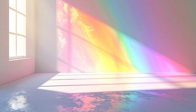 明るい虹色の光が差す白壁のイメージ画像