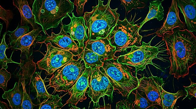 Fluorescence microscopy of human cells showing nucleus and fibers