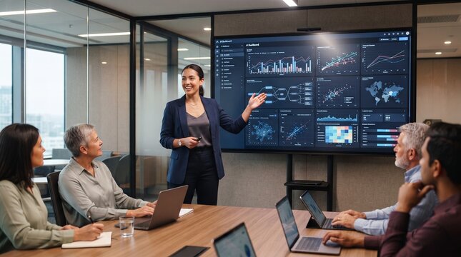 Diverse business team in modern office attending a data analytics presentation on a large screen