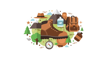 Fototapeta premium Flat Vector Illustration of Hiking Gear and Outdoor Adventure Equipment for Trekking and Camping