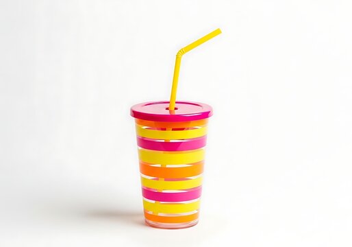 Colorful striped plastic cup with straw