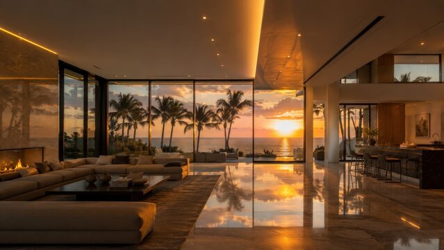 Luxury Modern Living Room With Panoramic Ocean Sunset And Palm Trees View