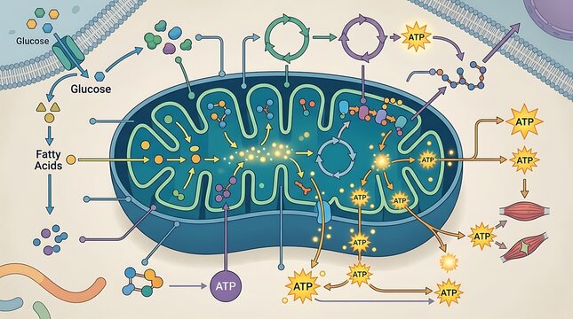 Diagram of mitochondria cellular respiration and atp energy production
