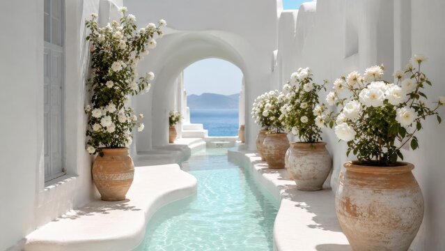 White Mediterranean Alley With Roses And Crystal Water Canal Serenity