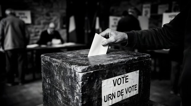 Closeup of a person casting a vote in a rustic wooden ballot box during an election