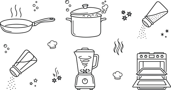 Cooking kitchen utensils and culinary preparation icon set featuring frying pan boiling pot blender electric oven salt pepper shakers and chef hat line vector illustrations