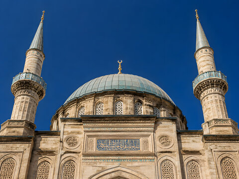 Islamic mosque dome and minarets against blue sky, Arabic architecture exterior