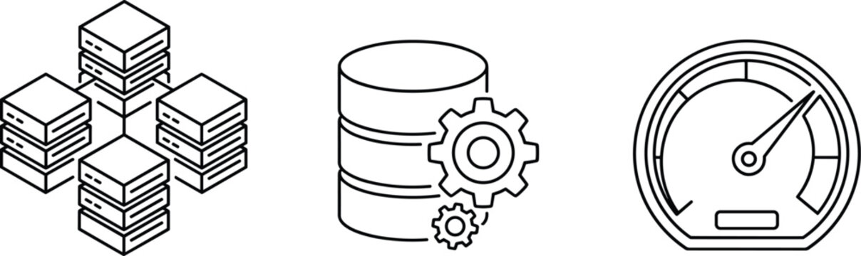 Data center server and storage optimization icon set featuring cloud computing server racks database cylinder with gears and performance speedometer line vector illustrations