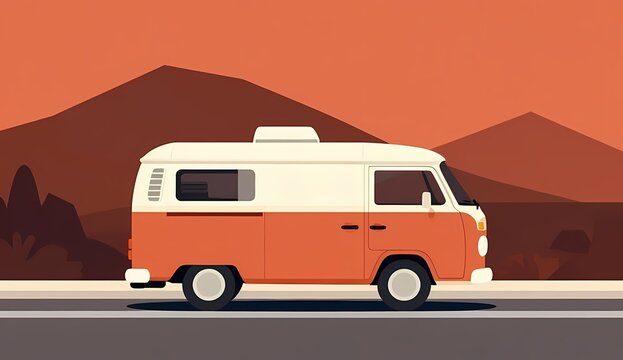 Minimalist flat vector camping landscape illustration with a vintage camper van traveling on sunset road
