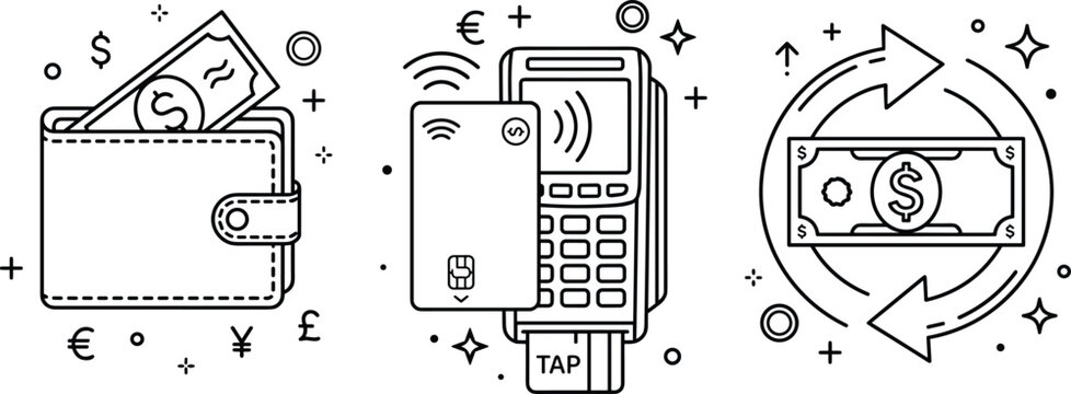 Financial transaction and payment methods icon set featuring leather wallet with paper money banknote contactless card reader POS terminal and currency exchange line vectors
