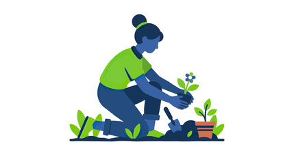 Fototapeta premium Woman planting a flower in garden, flat design