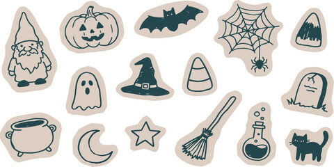 Fototapeta premium Collection of Hand-Drawn Halloween Icons Including a Pumpkin, Ghost, Bat, and Witch's Hat.