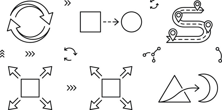Process transformation and workflow mapping icon set featuring recycling loop arrows square to circle conversion road route roadmap expanding arrows and pyramid shape line vectors