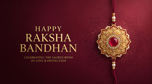 Elegant raksha bandhan greeting card featuring traditional ornate gold bracelet against rich deep red background with gemstone against luxurious