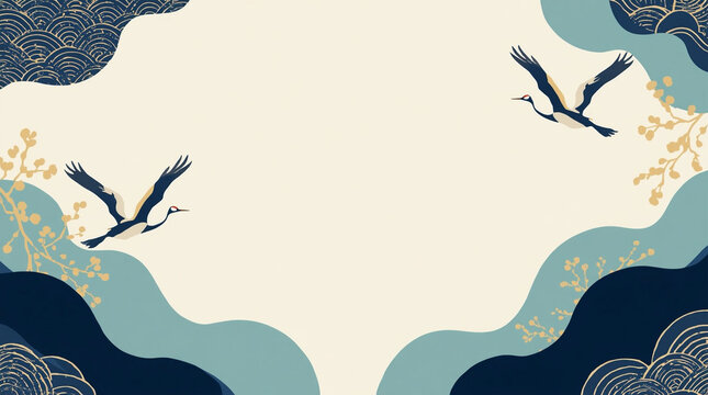 A sophisticated modern Japanese abstract background featuring flying cranes, gold floral branches, and fluid navy and teal wavy shapes with traditional wave patterns on a cream canvas.