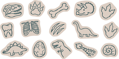 Collection of cartoon dinosaur illustrations and related fossils on a light background. © Riki