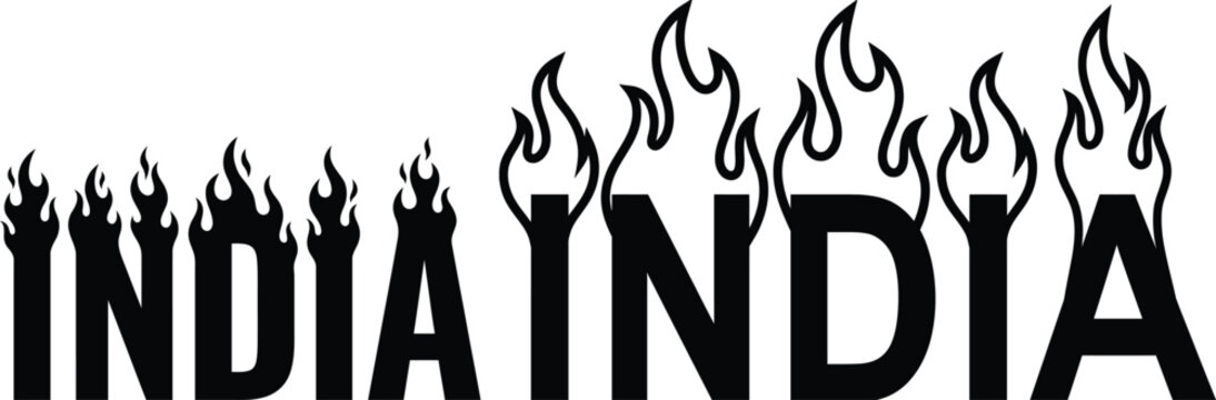 India text with fire flames, burning country name typography vector, black and white flaming lettering for patriotic sports and events