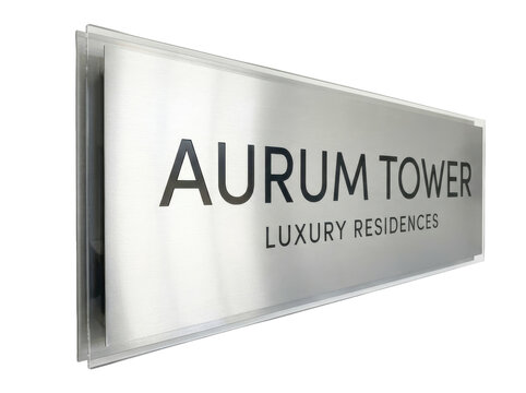 Sleek contemporary signage board featuring high quality typography for architectural aesthetics