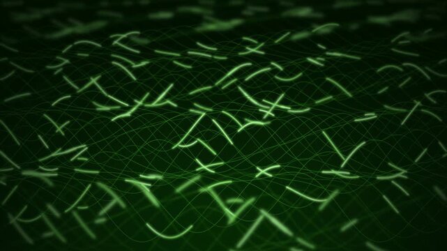 Glowing green data packets pulse across an undulating grid in a seamless loop