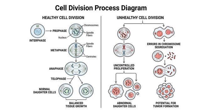 Comparison diagram of healthy and unhealthy cell division processes