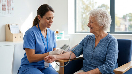 Naklejka premium Nurse checking senior woman's blood pressure in a clinic