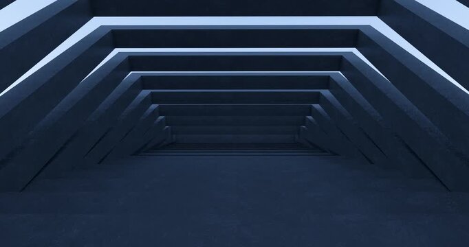 3D Render of Camera Moving Forward Through Dark Rectangular Geometric Tunnel