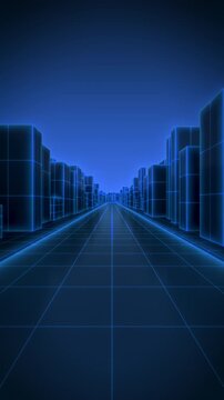 Futuristic Abstract Neon City Grid with Fast Forward Camera Movement, Blue Technology Background 4K