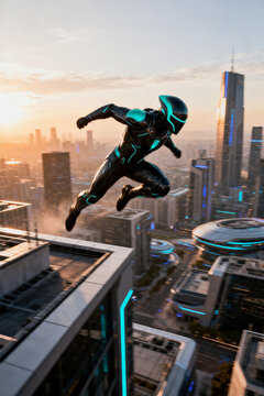 Original Superhero Leaping Across Modern City Rooftops