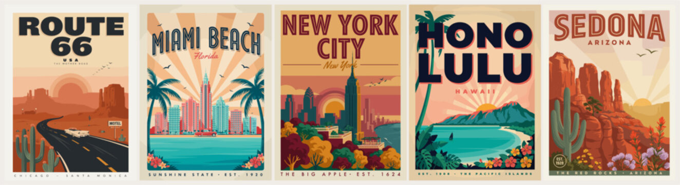 Sunset hues paint five iconic U.S. City posters. Route 66 winds through golden deserts. Hawaii's palm trees sway near turquoise waters. New York's skyline glows beneath twilight