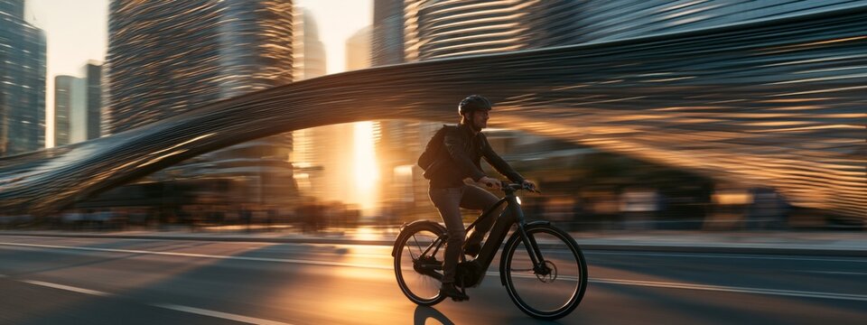 Entrepreneur Riding an Electric Bicycle Through a Modern Urban Environment at Sunset with Dramatic Cityscape Background