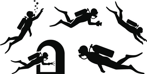 Set of scuba diver silhouettes representing underwater exploration activities and recreational marine sports action poses with silhouettes with silhouettes © Taimoor