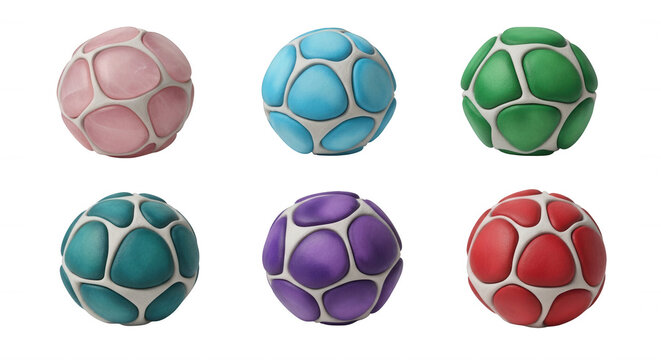 colorful geometric spheres arranged against a clean white backdrop suggestive of design elements or abstract decorations