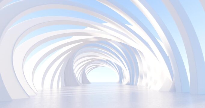 3D Render of Camera Moving Forward Through Abstract White Geometric Tunnel