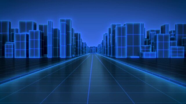 Futuristic Abstract Neon City Grid with Left to Right Camera Movement, Blue Technology Background 4K