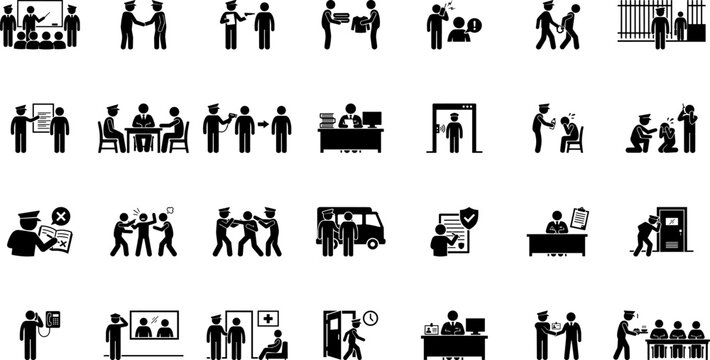 Prison and justice system icons set, 28 black vector pictograms of jail life and law enforcement, inmate and police officer silhouettes for legal infographics