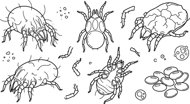 Dust Mite and Parasite Vector Set with Microscopic Allergen Characters, Scabies Mites, Eggs, and Exoskeleton Fragments for Health Infographic Designs