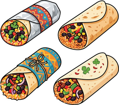 Set of delicious mexican burritos with fresh ingredients and colorful paper wrappers