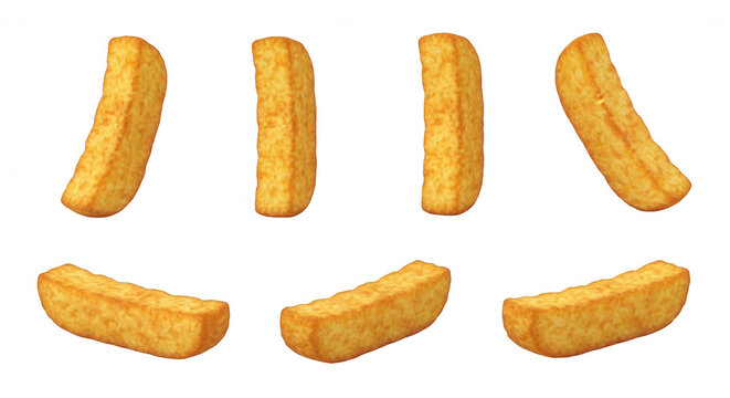 various angles of golden french fries on a white backdrop food related projects or culinary visuals