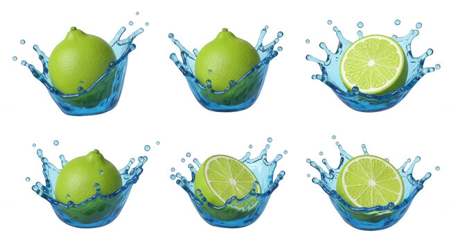 limes splashing in water against a clean white background creating a refreshing vibrant and isolated fruit display with creative potential