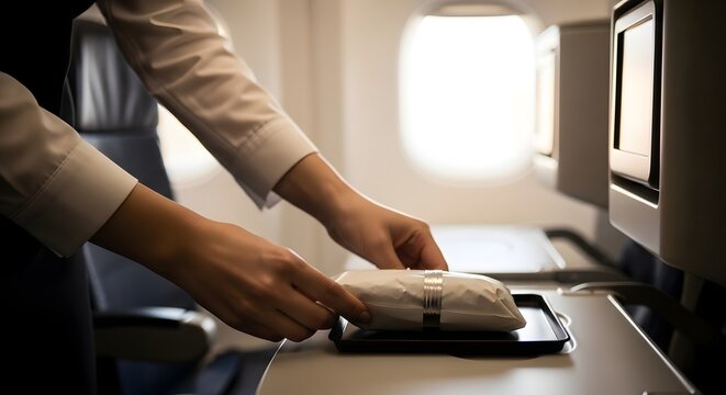 Airline Cabin Crew Wiping Passenger Tray Table Before Inflight Meal Service