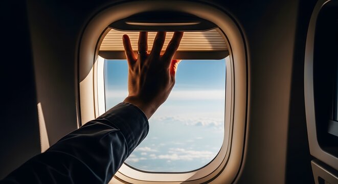 Hand adjusting airplane window shade during flight with bright blue sky and clouds