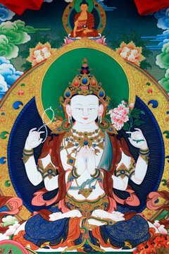 Tibetan Buddhism: Large thangka of the four-armed Chenrezig, the bodhisattva of compassion.