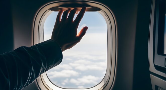 Hand on airplane window, revealing a serene cloudscape from above. Air travel, journey, and adventure concept.