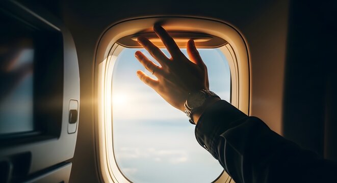 Traveler's hand adjusting airplane window shade during a sunny flight above clouds, highlighting journey and adventure